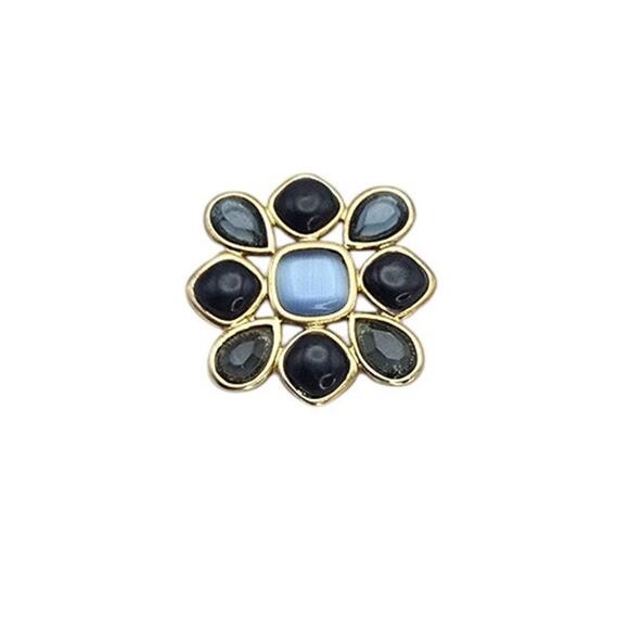 Blue Cat’s Eye Flower Brooch Gold Tone Statement Vintage Style Pin - Picture 3 of 4